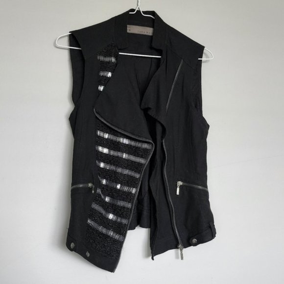 Zara Basic Black Vest Top Sleeveless Shirt Jacket Zip Sequins - Picture 1 of 5